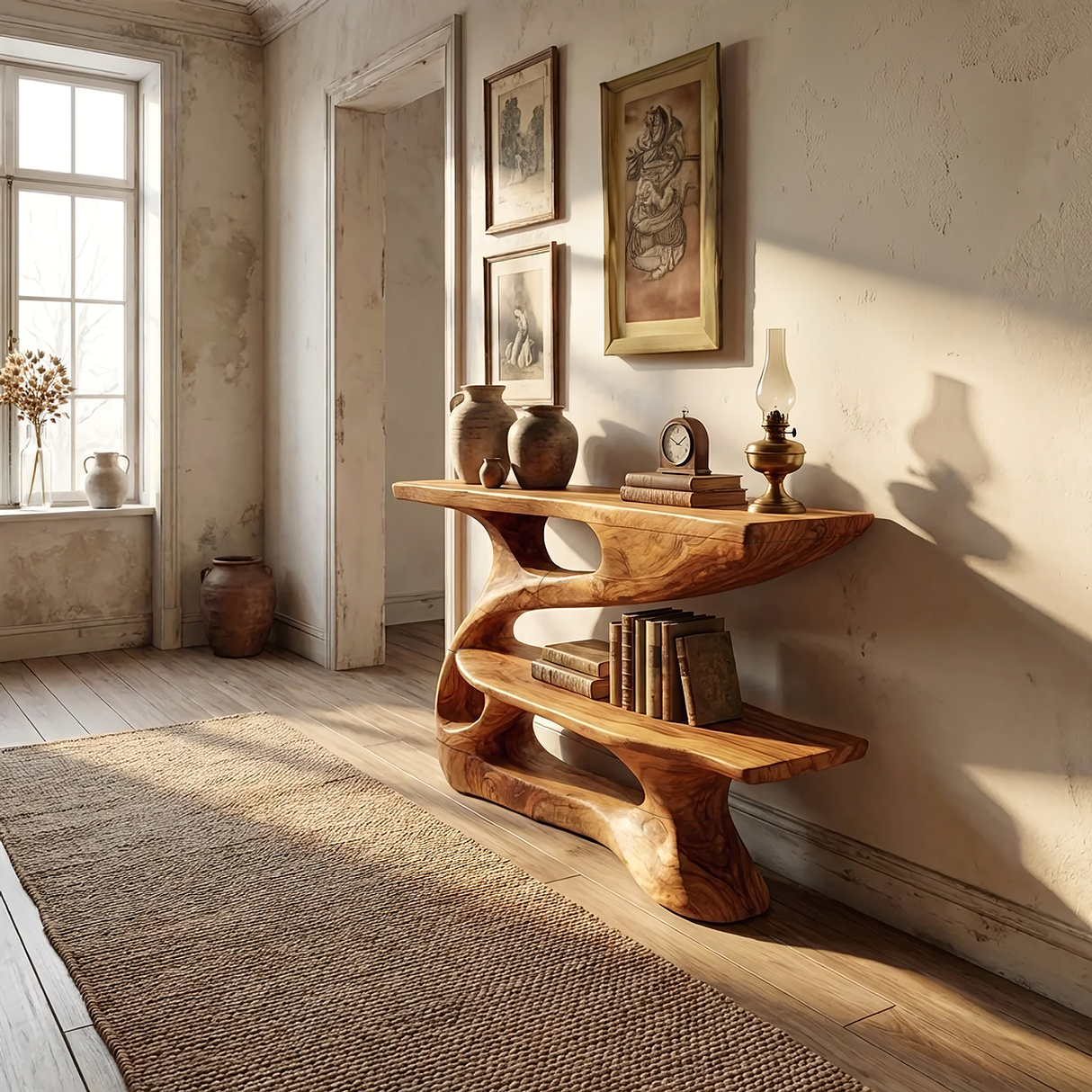 Modern Sculpted Wood Console Table with Open Shelf