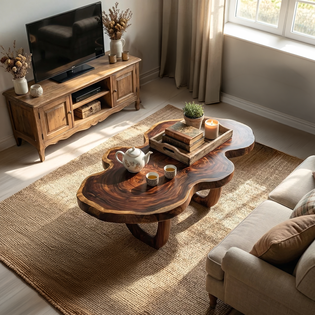 Sculptural Solid Wood Coffee Table with Curved Base