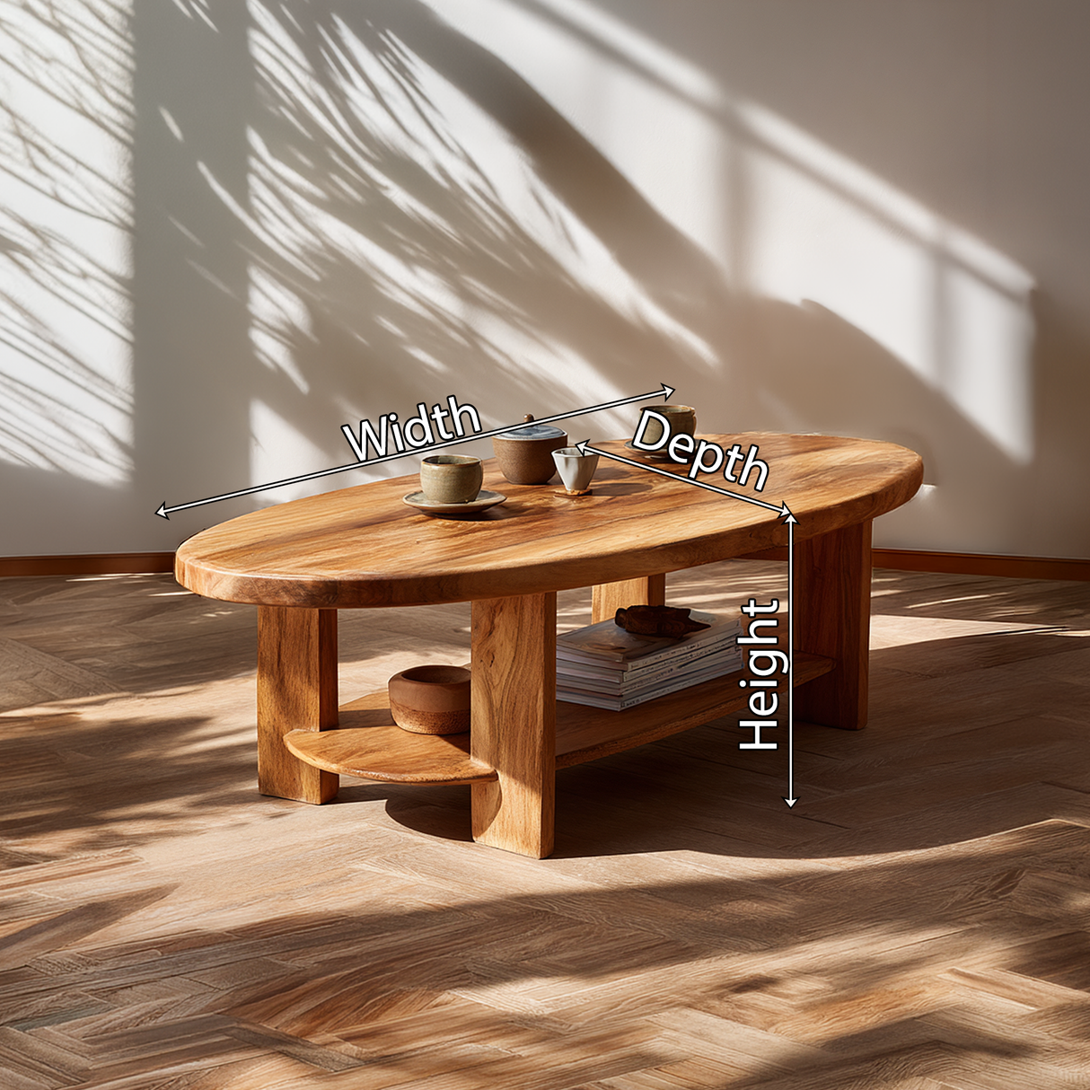 Oval Solid Wood Coffee Table with Open Shelf