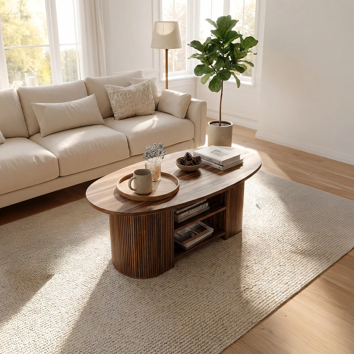 Fluted Oval Solid Wood Coffee Table with Shelf