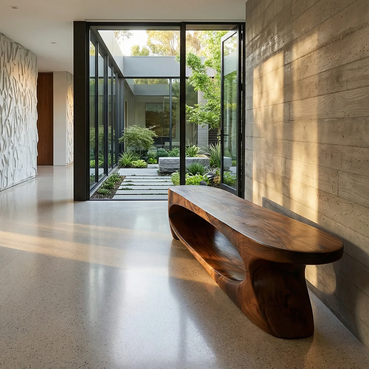 Sculptural Solid Wood Bench with Flowing Base for Modern Interiors