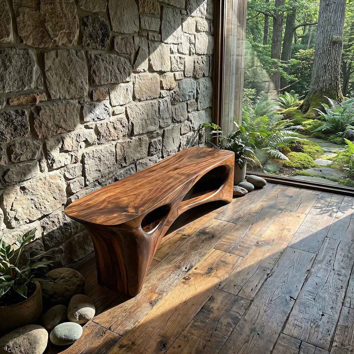 Abstract Sculptural Solid Wood Bench with Organic Cut-Out Design
