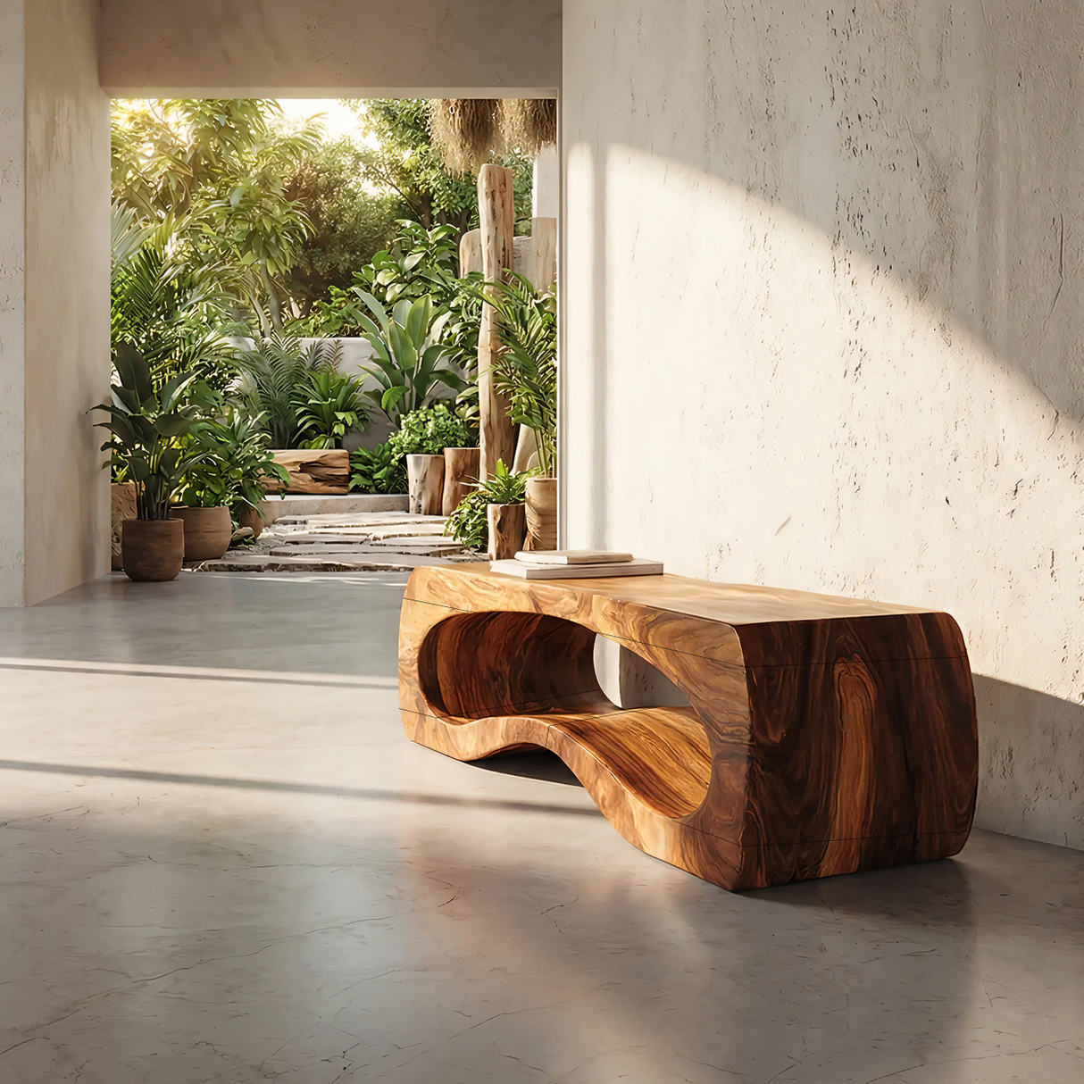 Organic Sculptural Solid Wood Bench with Curved Hollow Base
