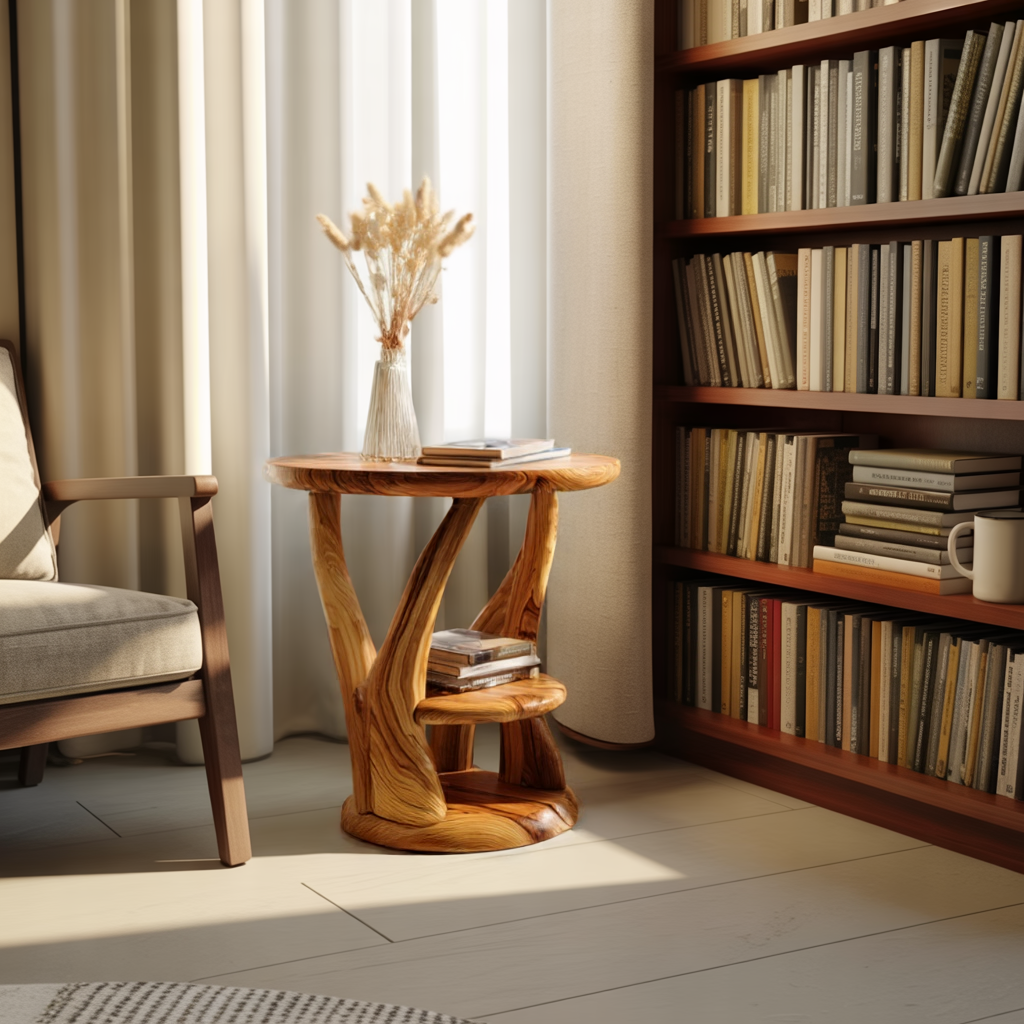 Organic Solid Wood Side Table with Root Base, Modern Shelf