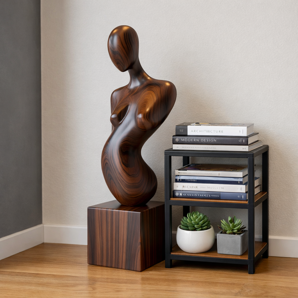 Solid Wood Abstract Female Form Sculpture with Plinth for Modern Interiors