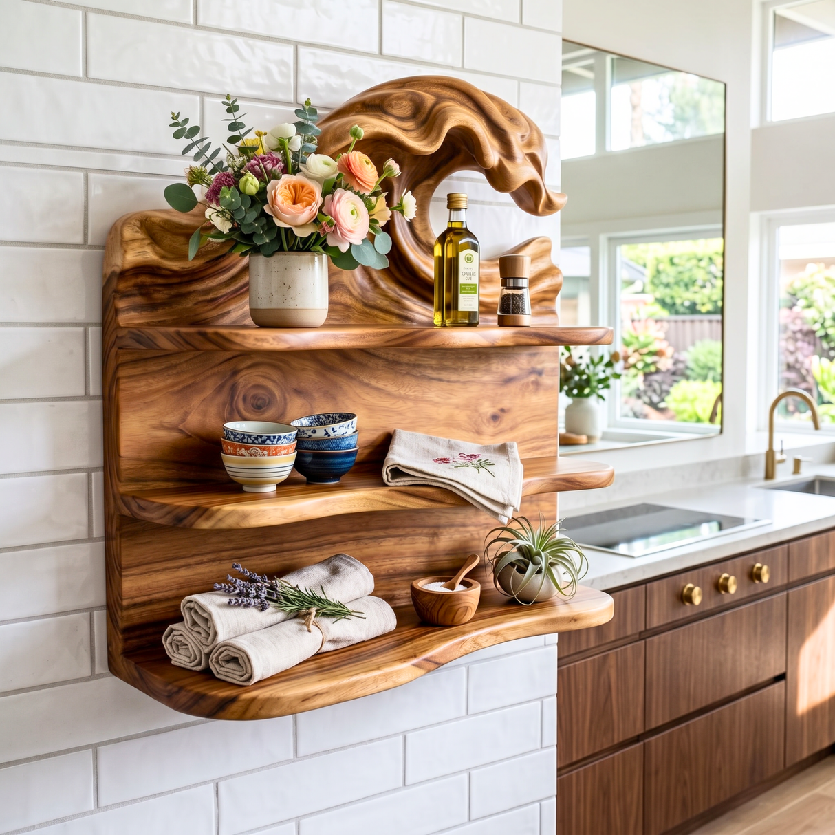 Ocean Wave Wood Wall Shelf with Three Storage Tiers