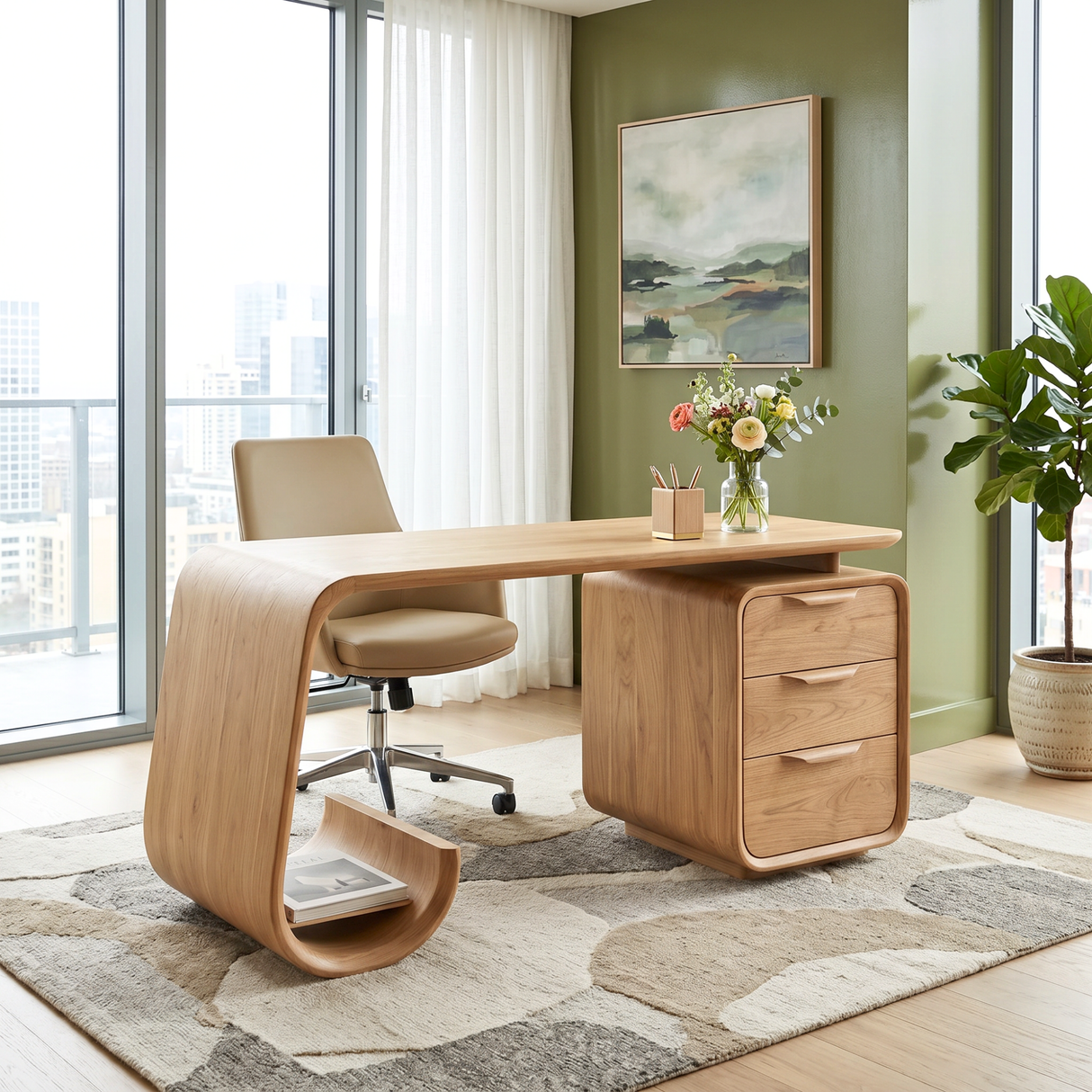 Organic Solid Wood Desk with Waterfall Shelf and Drawer Pedestal