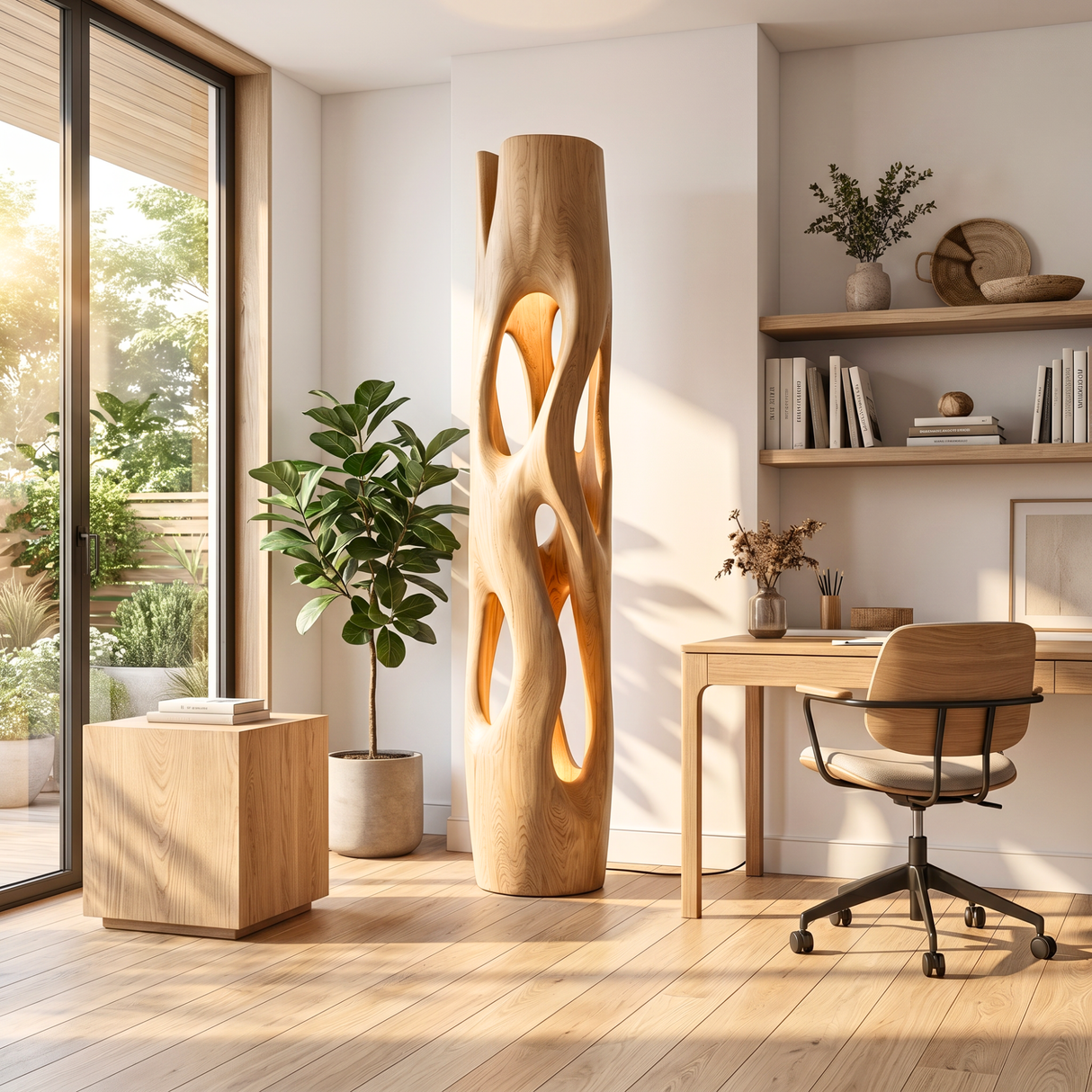 Tall Solid Wood Floor Lamp with Sculptural Open-Cut Body and Warm Interior Light