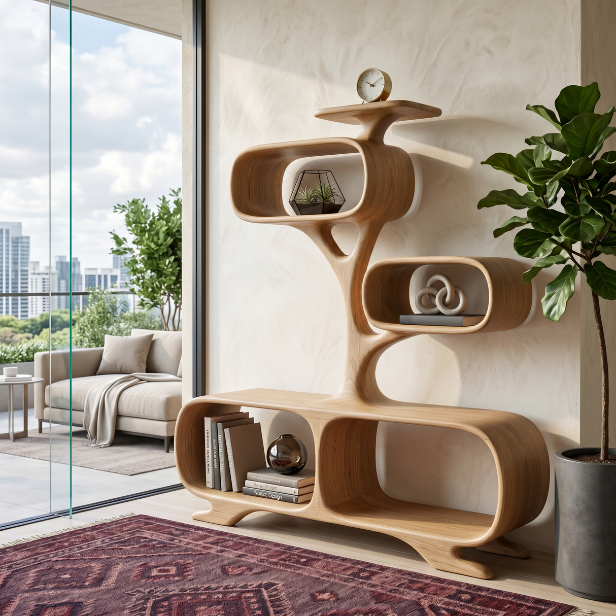 Organic Solid Wood Display Shelf with Tree-Inspired Open Compartments