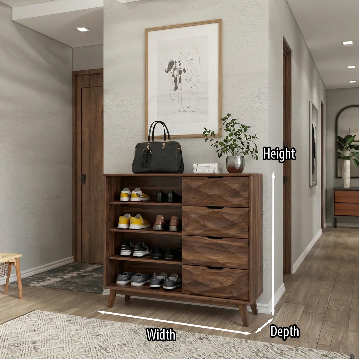 Solid Walnut Entryway Shoe Cabinet with Drawers & Open Shelving
