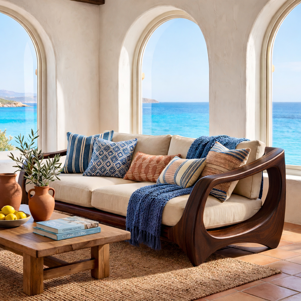 Handcrafted Solid Wood Sofa with Open Sculptural Arms for Living Room
