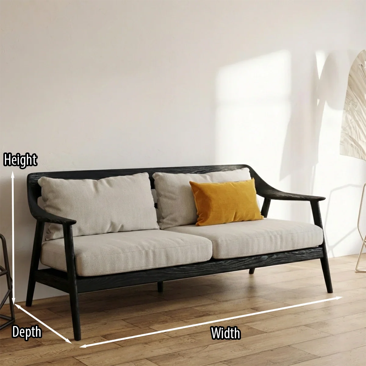 Modern Scandinavian Solid Wood Sofa Minimalist Upholstered Living Room Couch with Black Frame