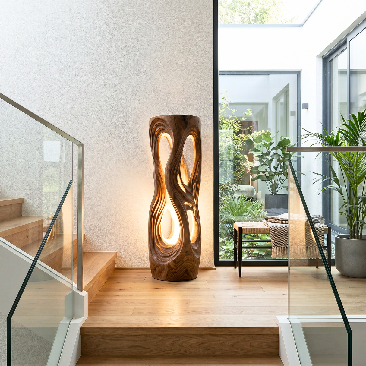 Luminous Flow Wood Floor Lamp with Organic Openwork