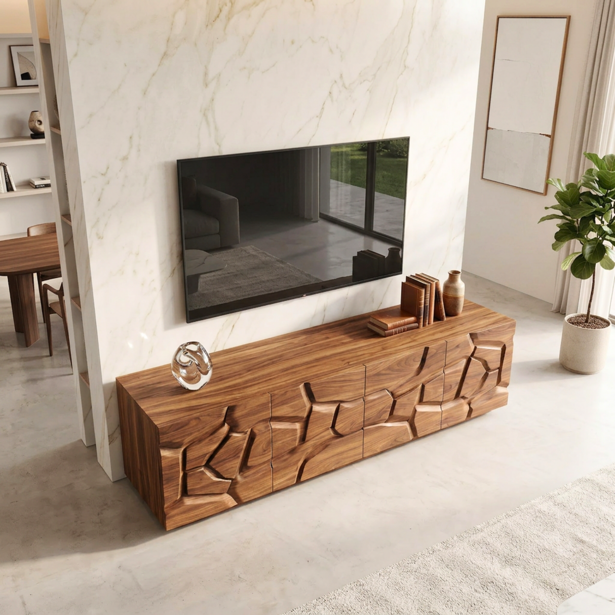 Solid Wood TV Console with Geometric Carved Door Fronts