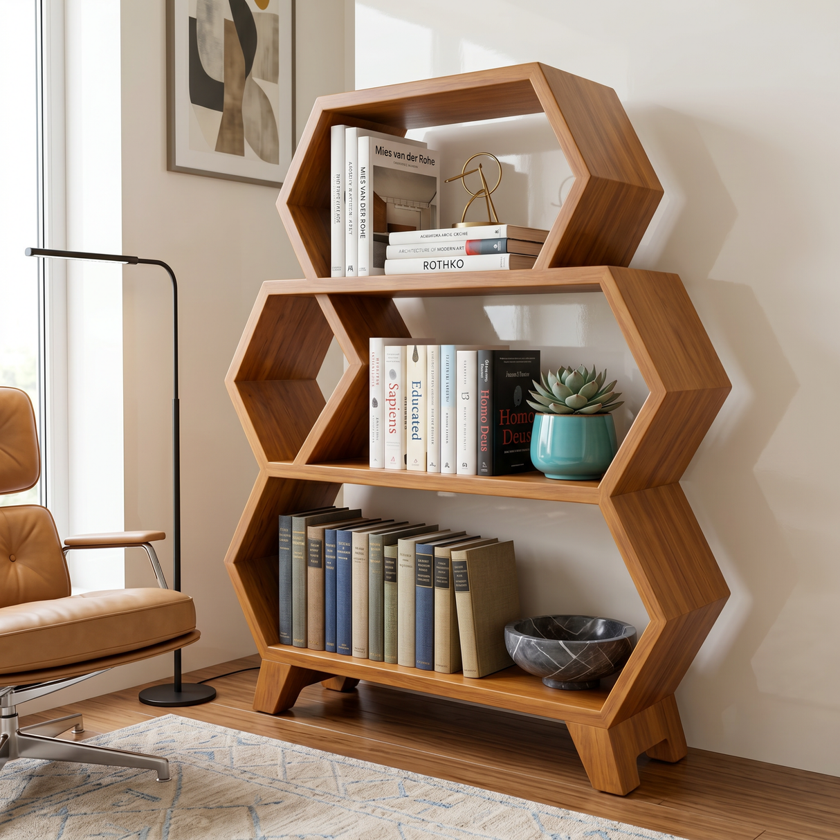 Solid Wood Hexagon Bookshelf with Open Display Shelves