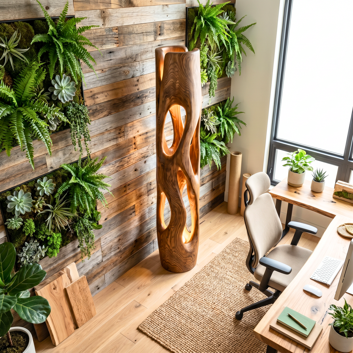 Tall Solid Wood Floor Lamp with Sculptural Open-Cut Body and Warm Interior Light