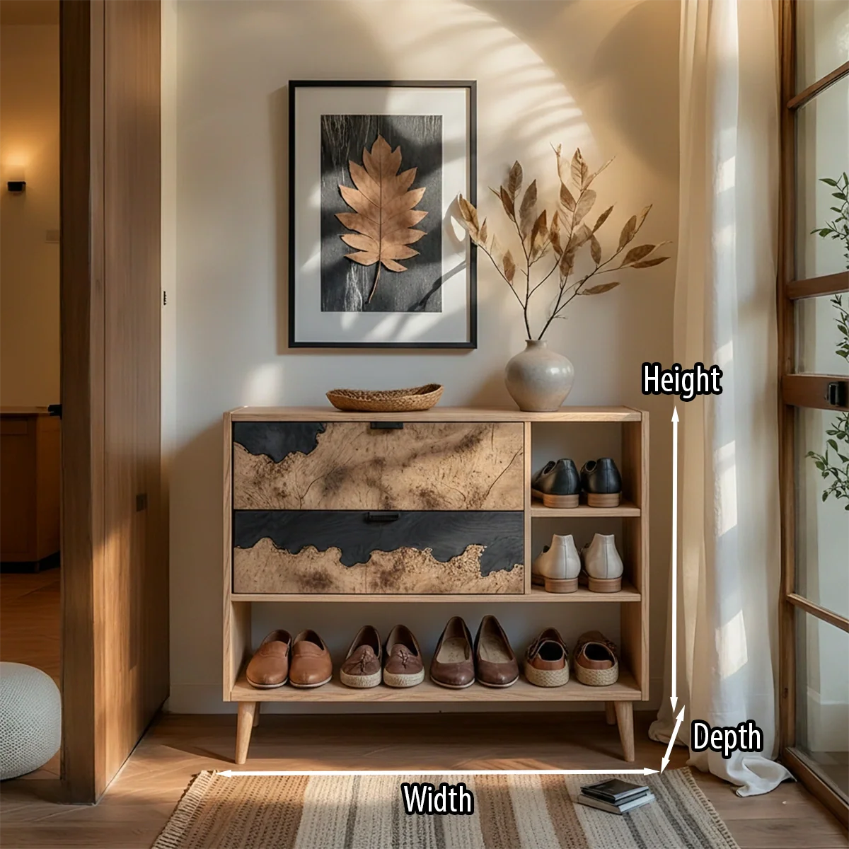 Solid Wood Entryway Shoe Cabinet with Artistic Grain Storage