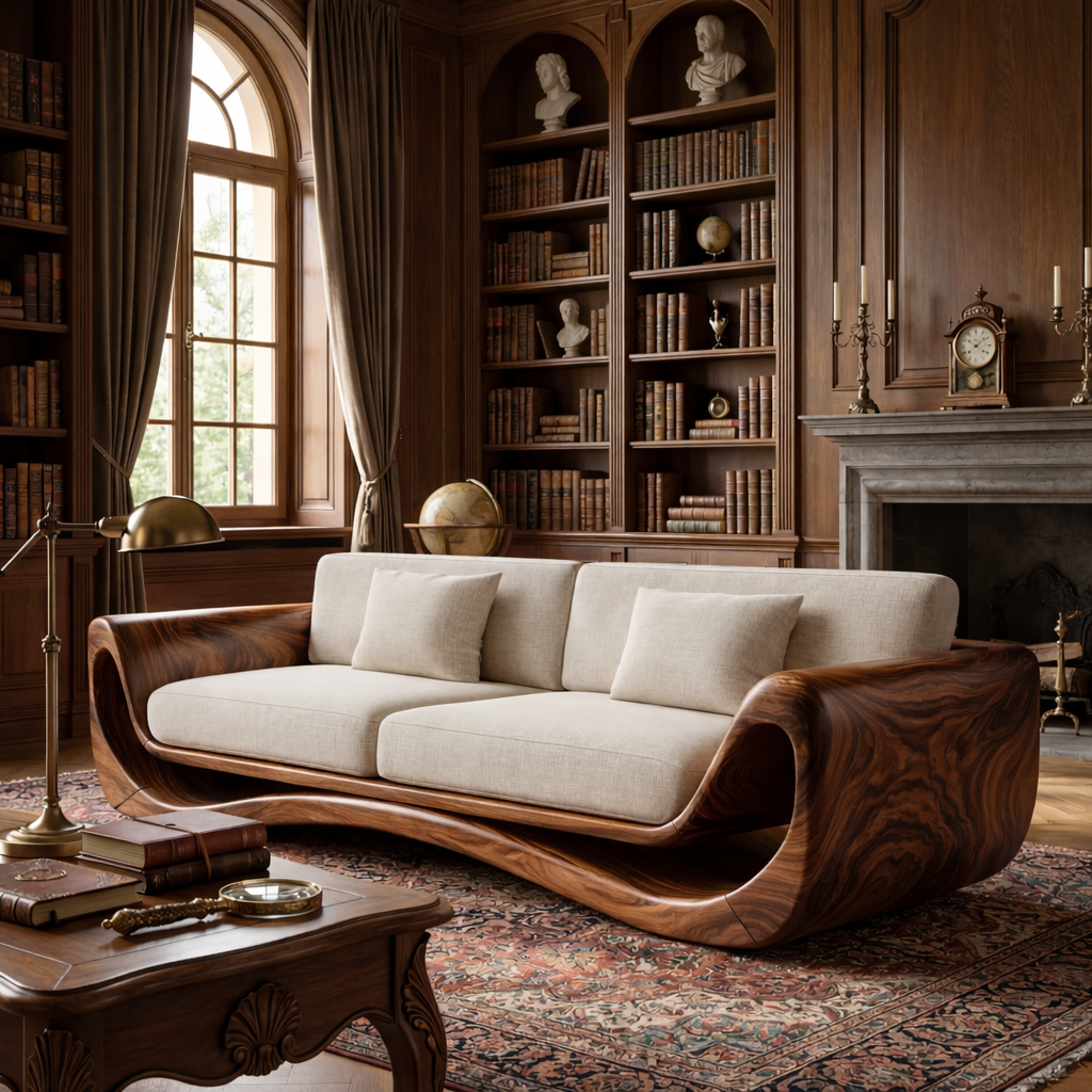 Solid Wood Curved Frame Sofa with Sculptural Wrapped Sides for Home Library