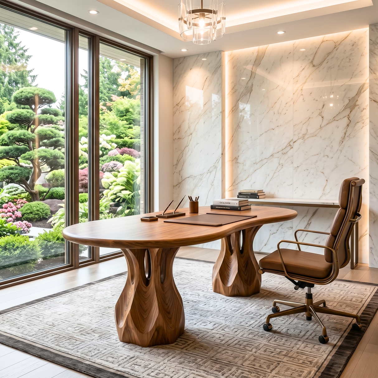 Organic Solid Wood Executive Desk with Sculptural Carved Pedestal Legs