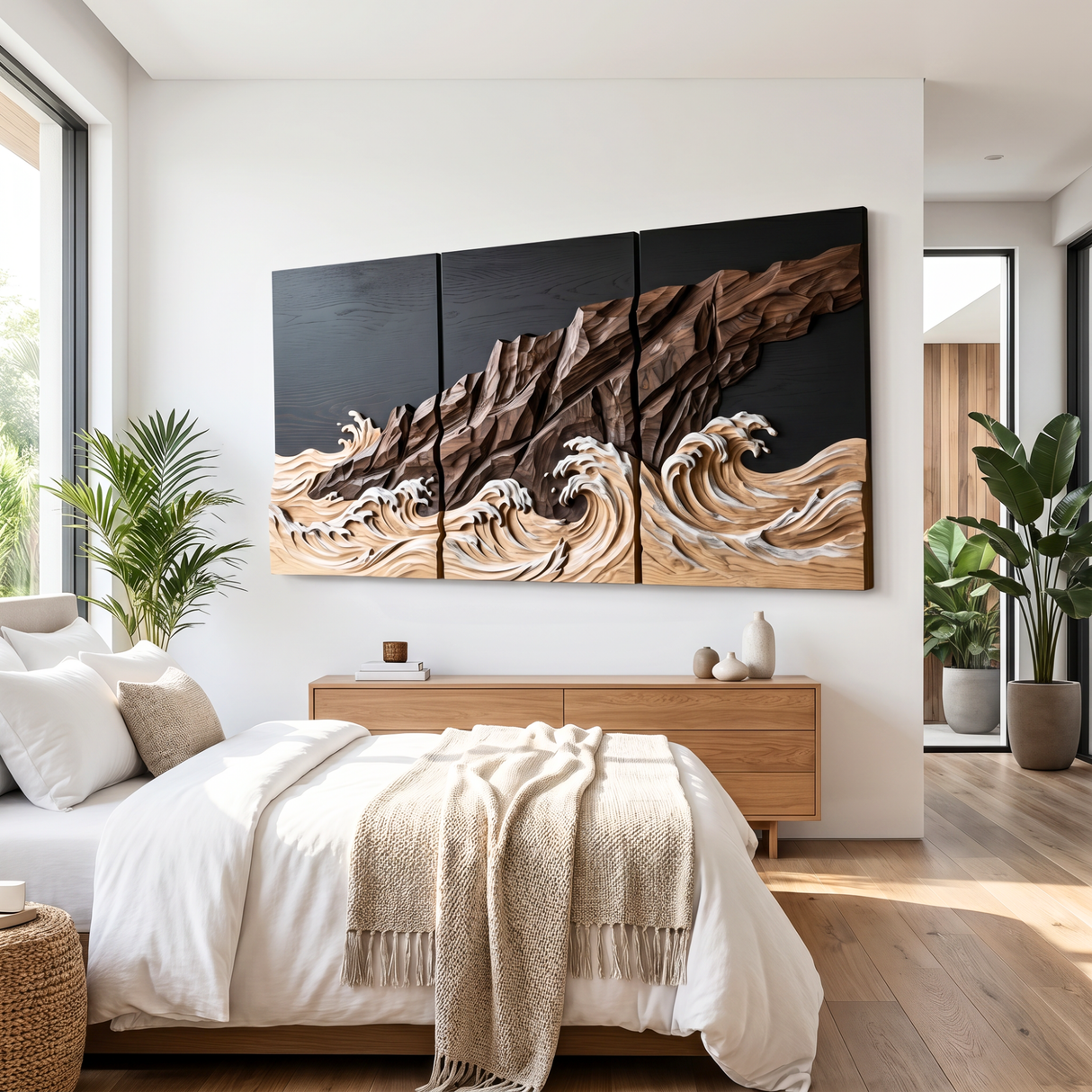 Coastal Ridge Wave Triptych Wood Wall Sculpture