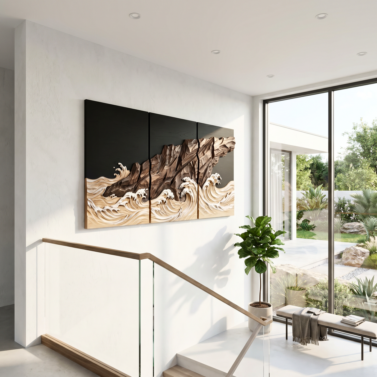 Coastal Ridge Wave Triptych Wood Wall Sculpture
