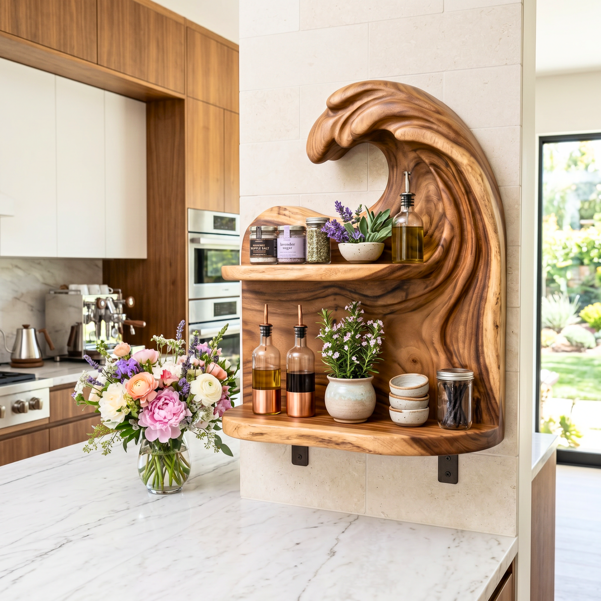 Cresting Wave Wood Wall Shelf with Two Display Tiers