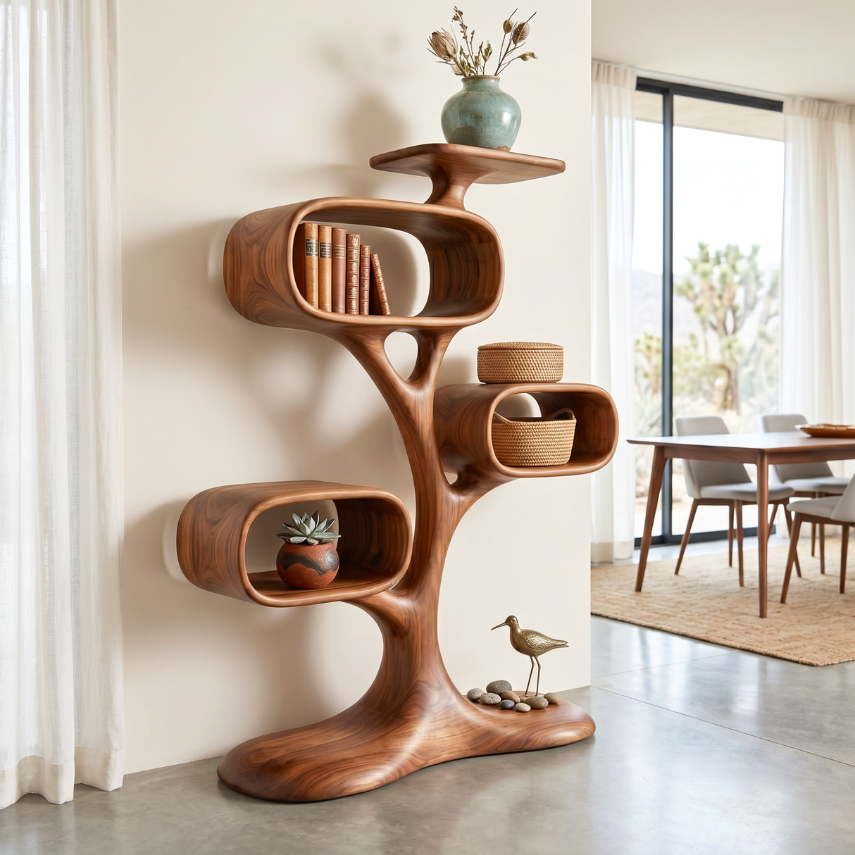 Organic Solid Wood Tree Display Shelf with Rounded Compartments