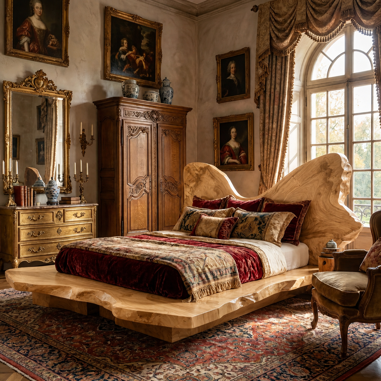 Organic Edge Solid Wood Bed with Sculpted Natural Headboard