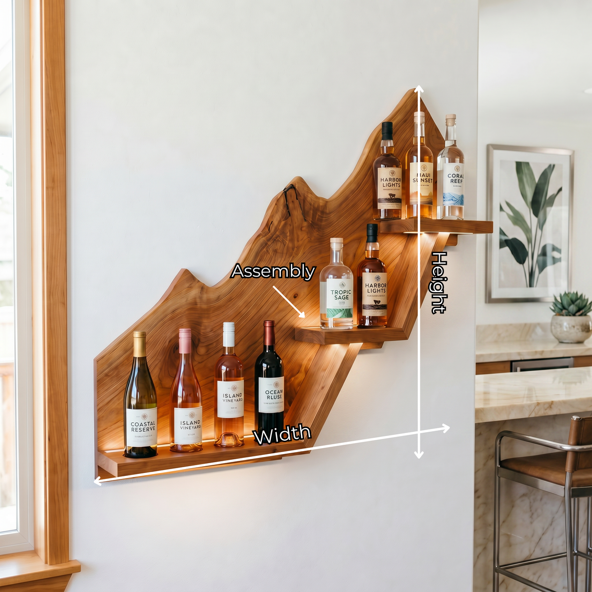 Handcrafted Solid Wood Mountain Wall Bar Shelf for Wine Bottle Display