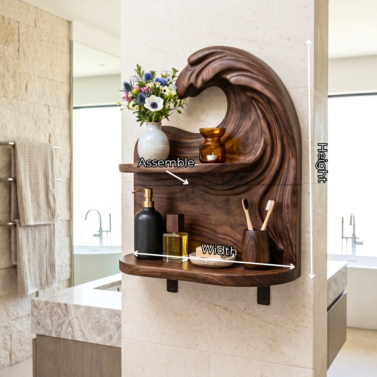 Cresting Wave Wood Wall Shelf with Two Display Tiers