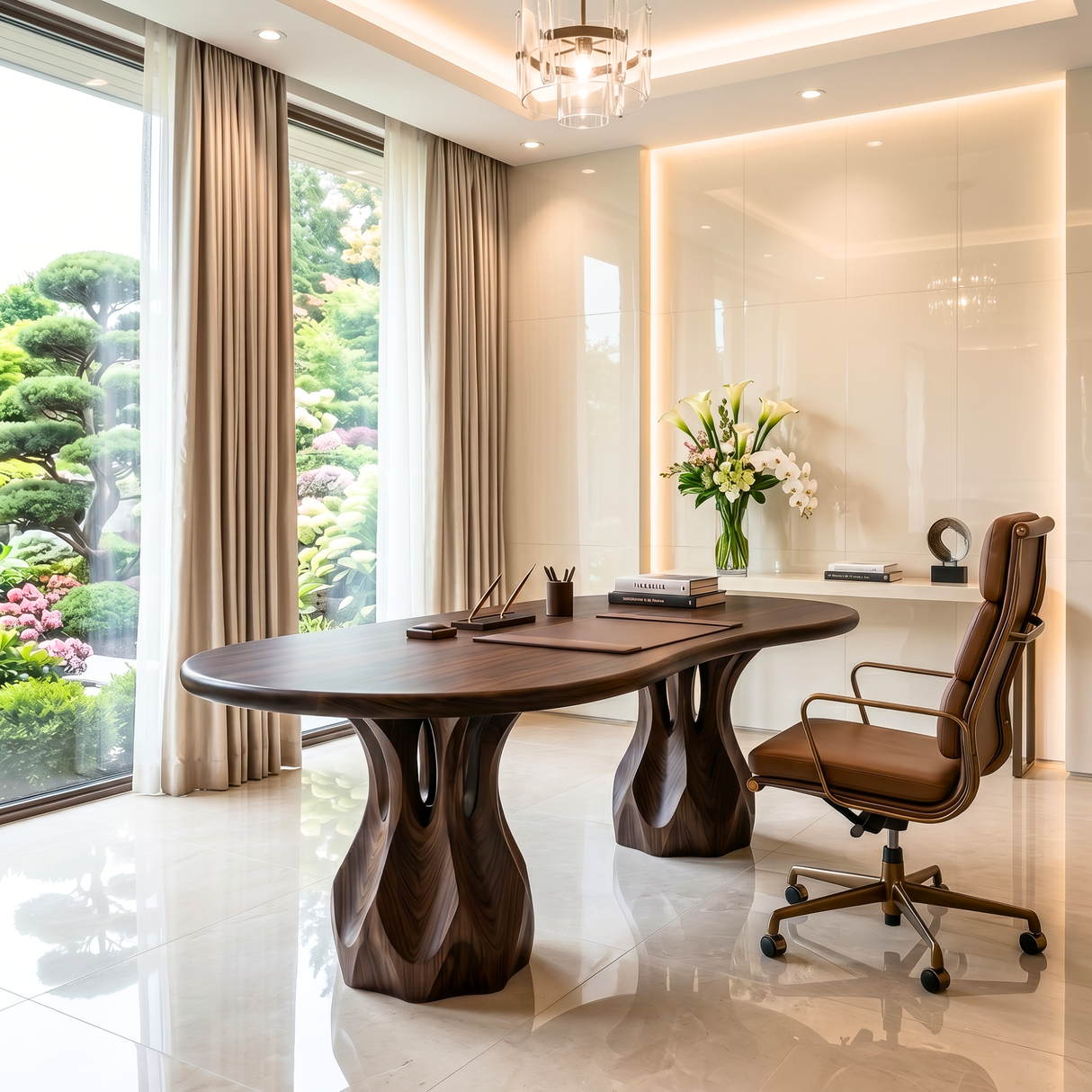 Organic Solid Wood Executive Desk with Sculptural Carved Pedestal Legs