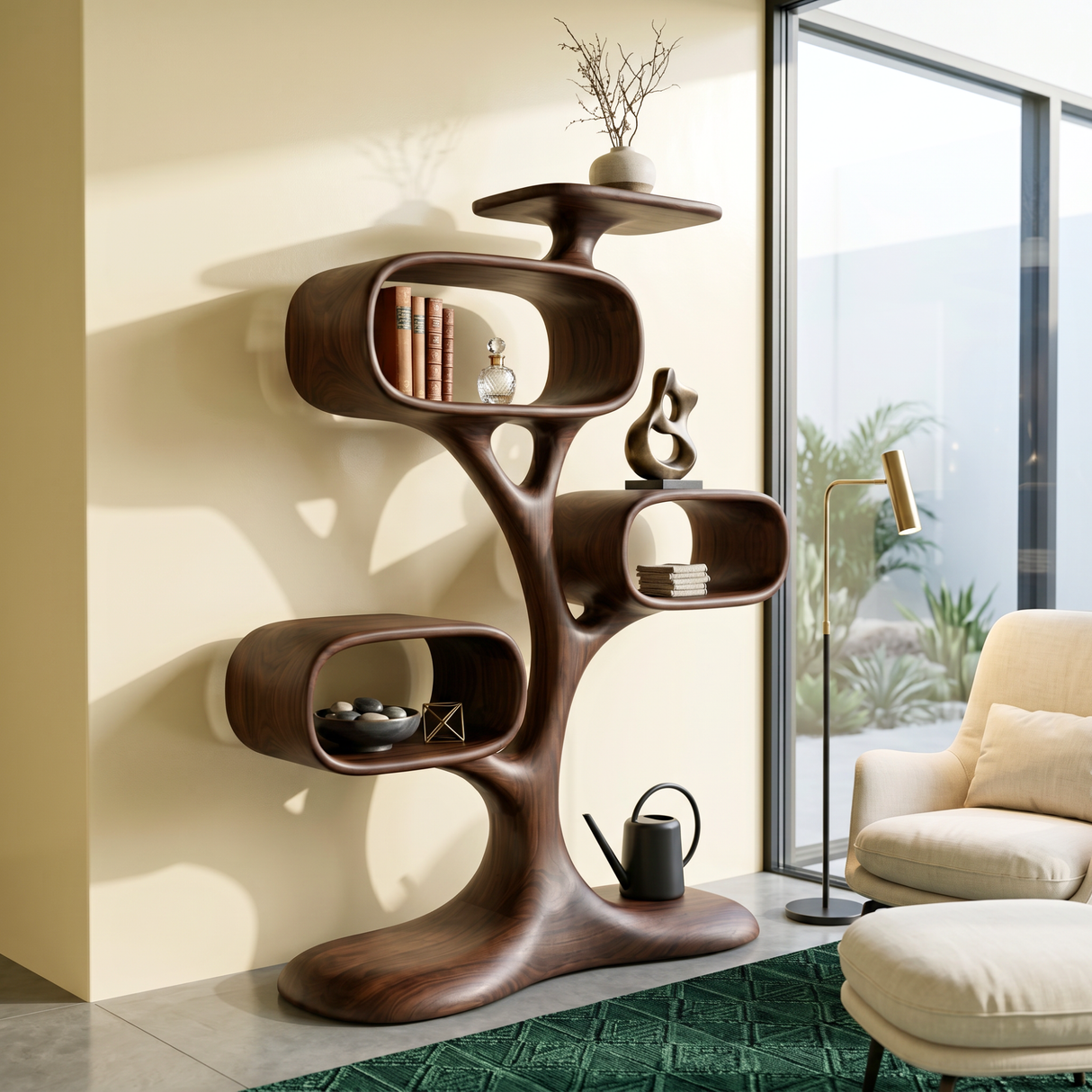 Organic Solid Wood Tree Display Shelf with Rounded Compartments