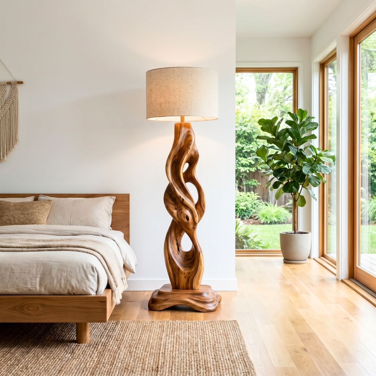 Handcrafted Wood Floor Lamp with Organic Carved Base