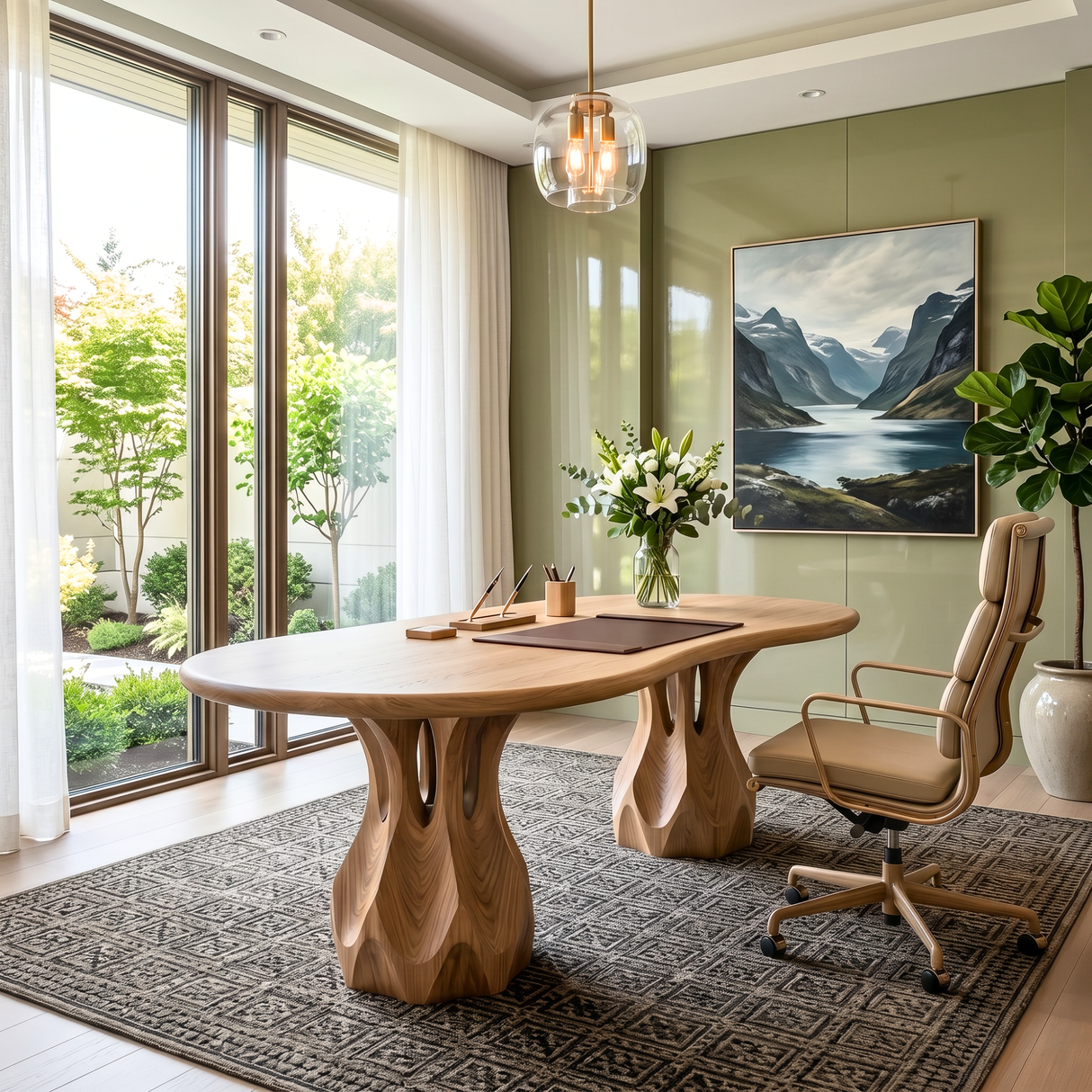 Organic Solid Wood Executive Desk with Sculptural Carved Pedestal Legs