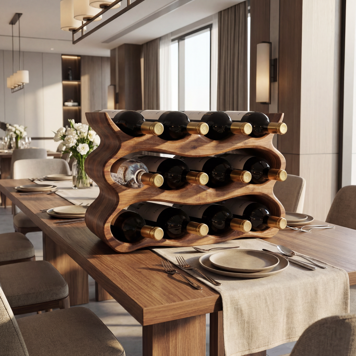 Wave Form Solid Wood Wine Rack Compact Sculptural Bottle Holder Multi Slot Tabletop Organizer