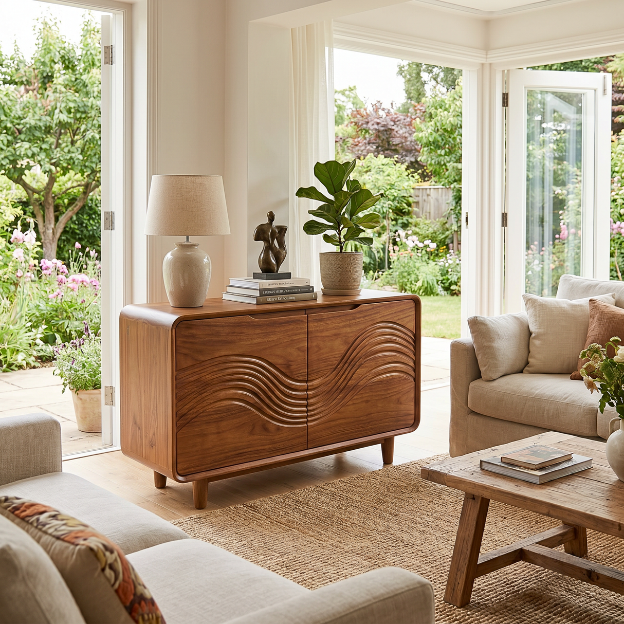 Solid Wood Two Door Sideboard with Wave Relief FrontSolid Wood Two Door Sideboard with Wave Relief Front