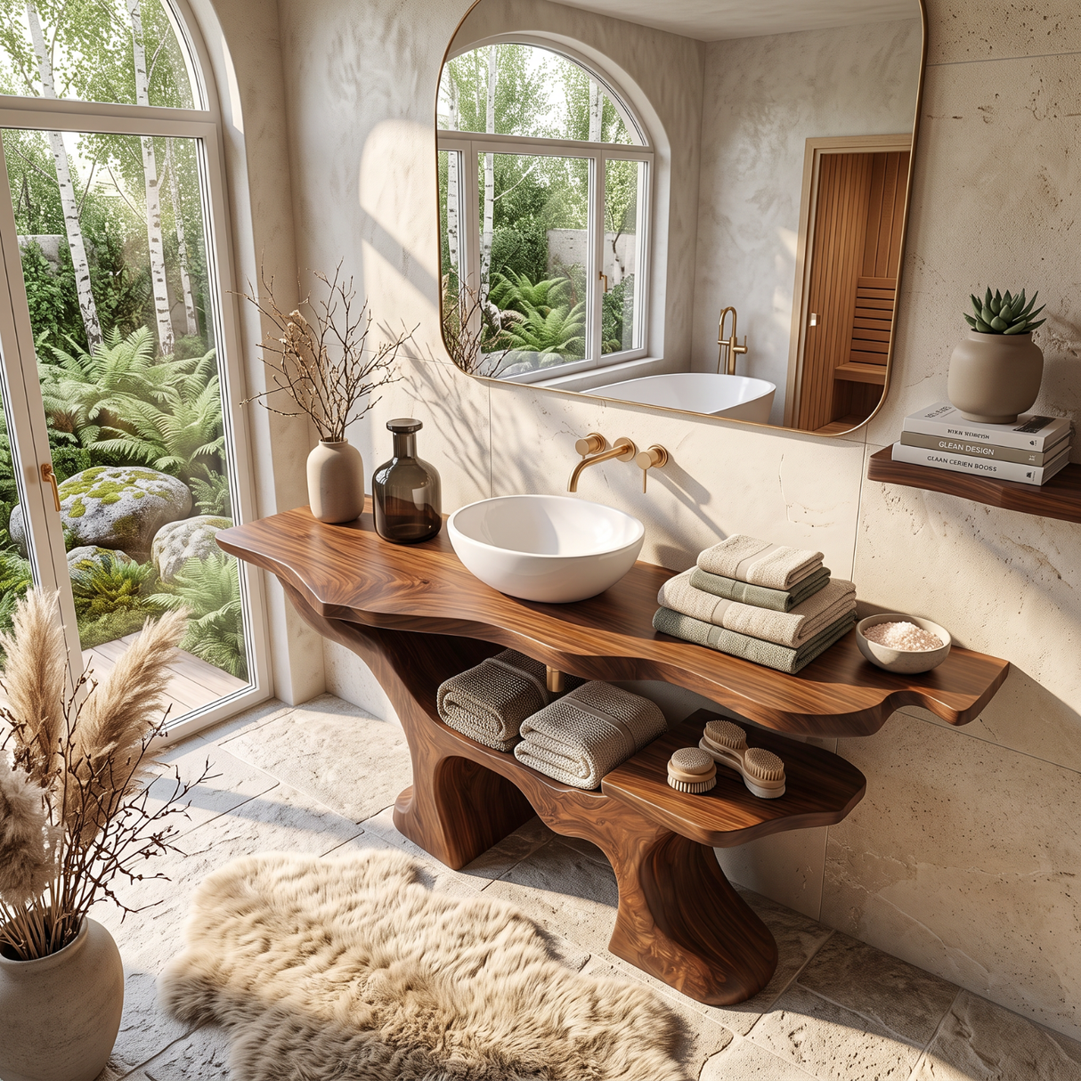 Solid Wood Bathroom Vanity with Organic Branch Base and Open Shelf