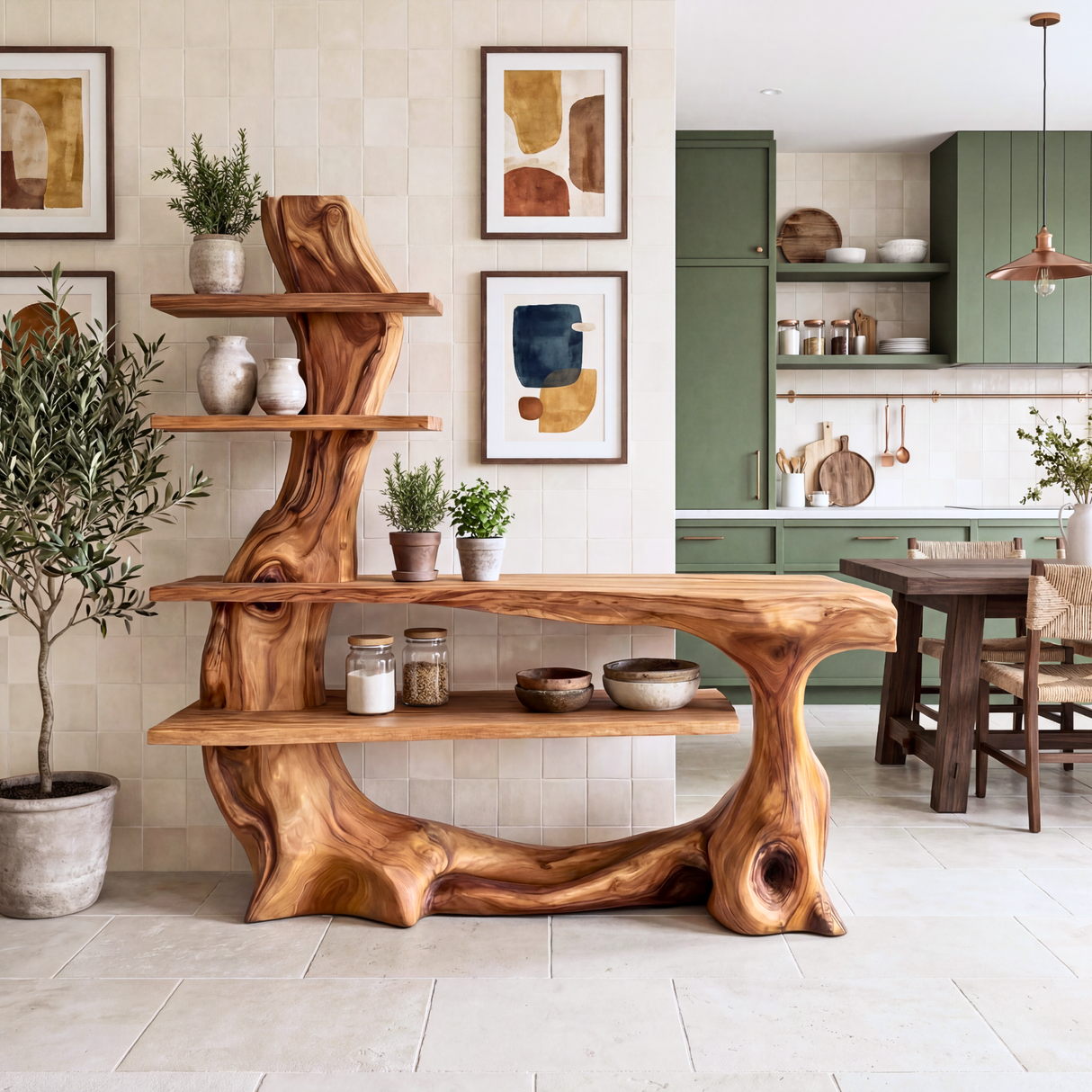 Organic Solid Wood Console Table with Sculptural Base and Open Tier Shelving Artistic Freeform Console Table