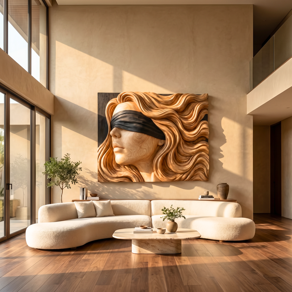 Handmade Wooden Blindfold Woman Wall Sculpture Artwork