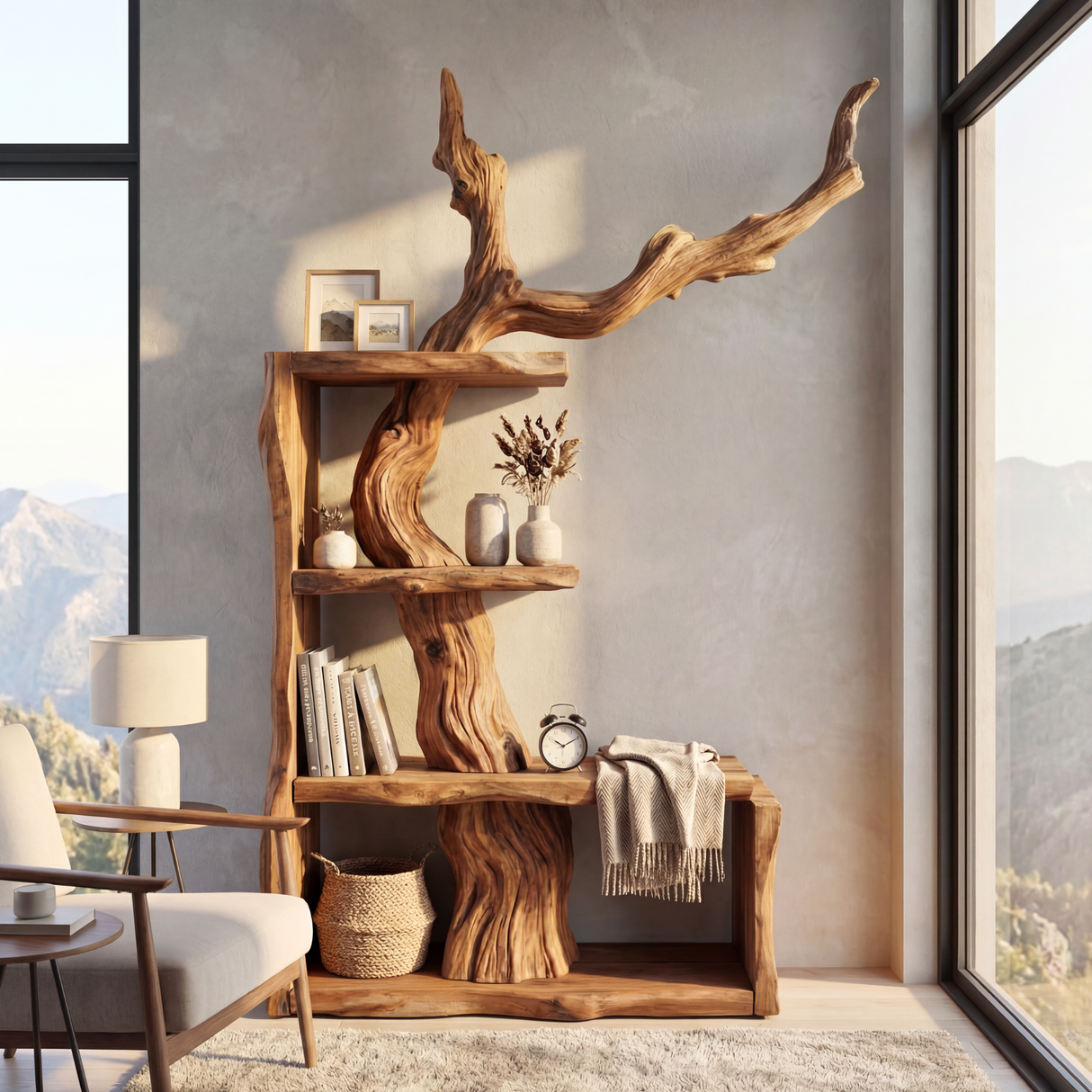 Sculptural Solid Wood Bookshelf with Tree Branch Form Organic Modern