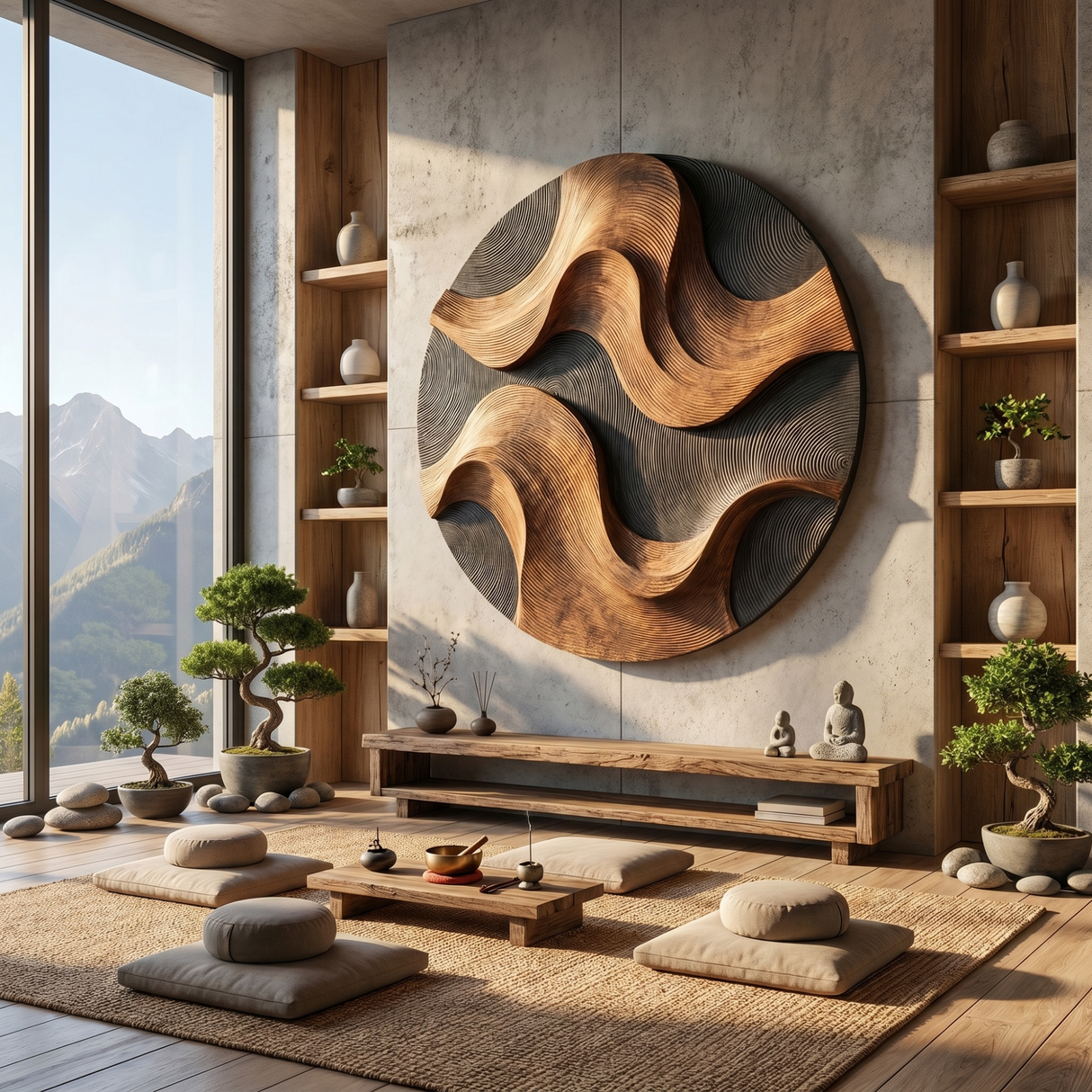 Handcrafted Wood Wall Sculpture with Woven Wave Relief and Charcoal Contrast