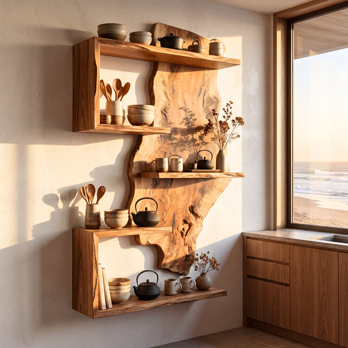 Solid Wood Live Edge Wall Shelf Sculptural Frame Multi Tier Display for Living Room