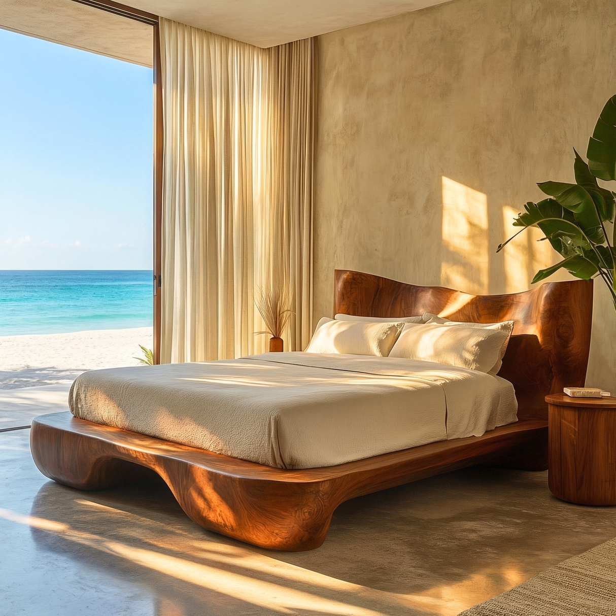 Organic Curve Solid Wood Bed with Artistic Headboard