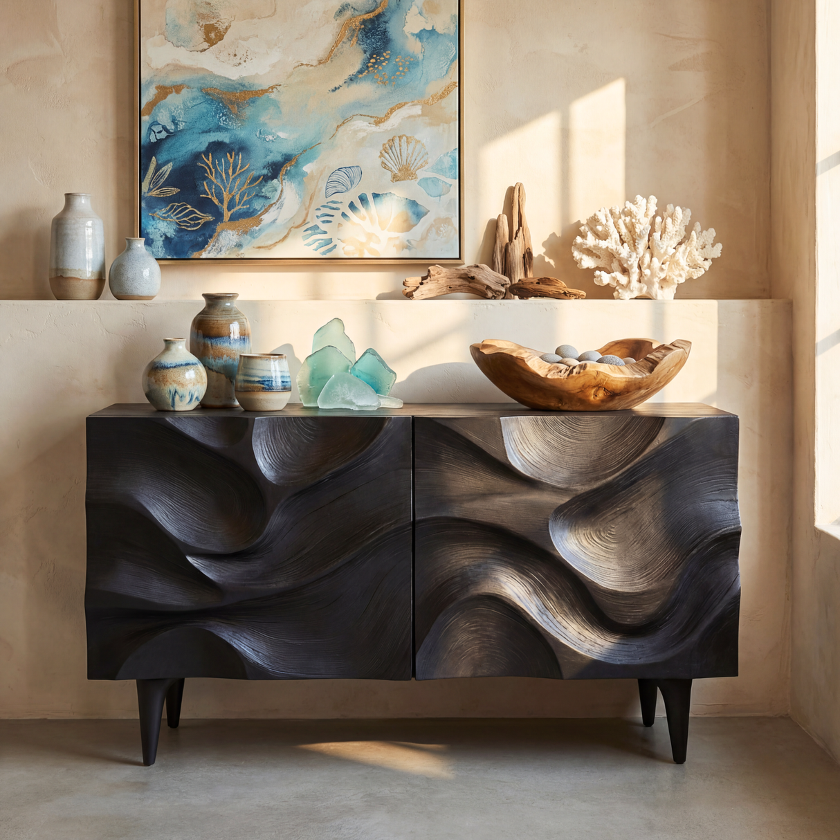 Sculpted Black Wave Front Wood Sideboard Cabinet for Living Room and Dining Room