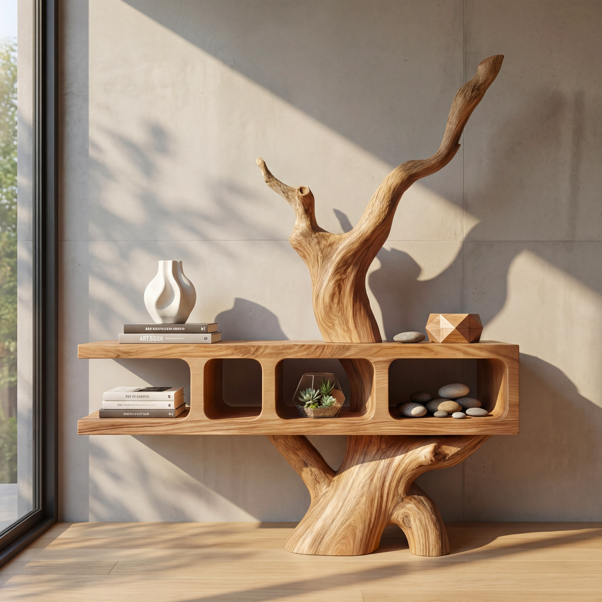 Sculptural Solid Wood Bookshelf with Tree Form Organic Modern Display Shelf Storage Unit