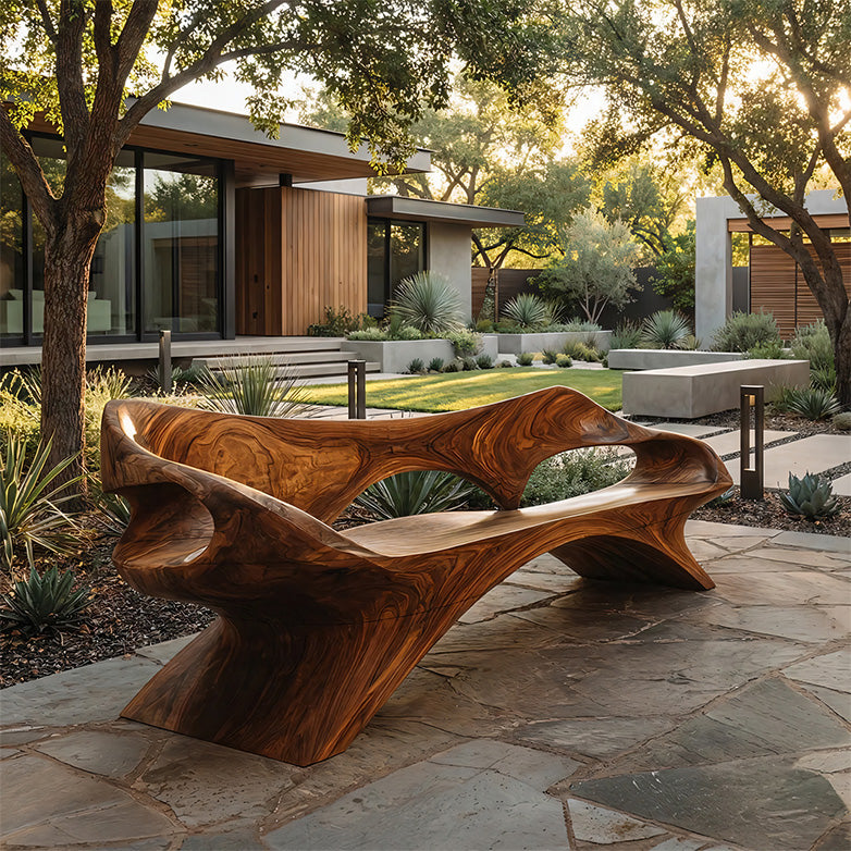 Organic Sculptural Solid Wood Bench Handcrafted Modern Art Bench