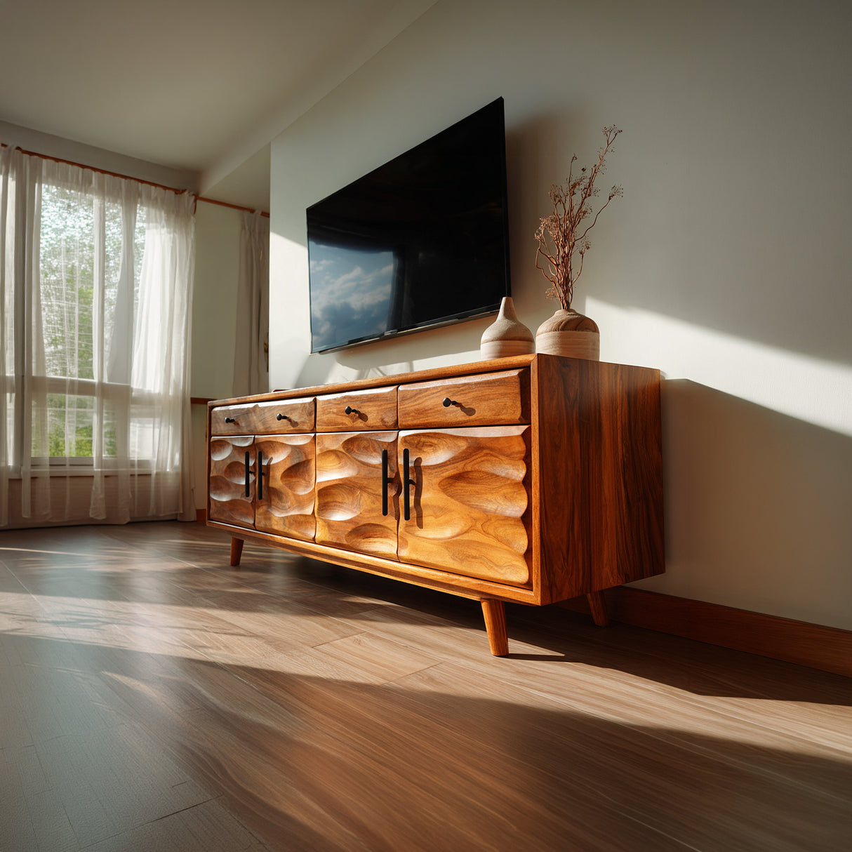 Solid Wood Sculpted Media Console for Modern Living