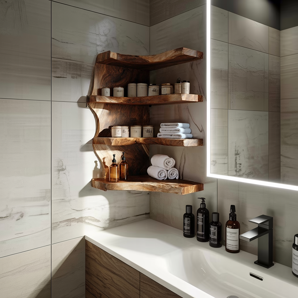 Live Edge Corner Wood Bathroom Shelf