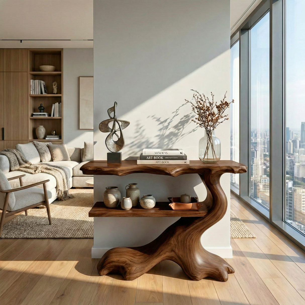 Sculptural Solid Wood Console Table with Open Shelf, Organic Entryway Table