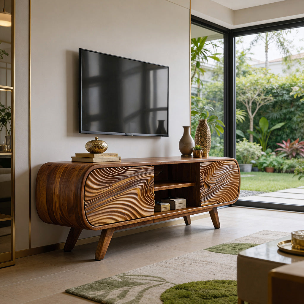 Handcrafted Solid Wood Media Cabinet with Sculpted Grain